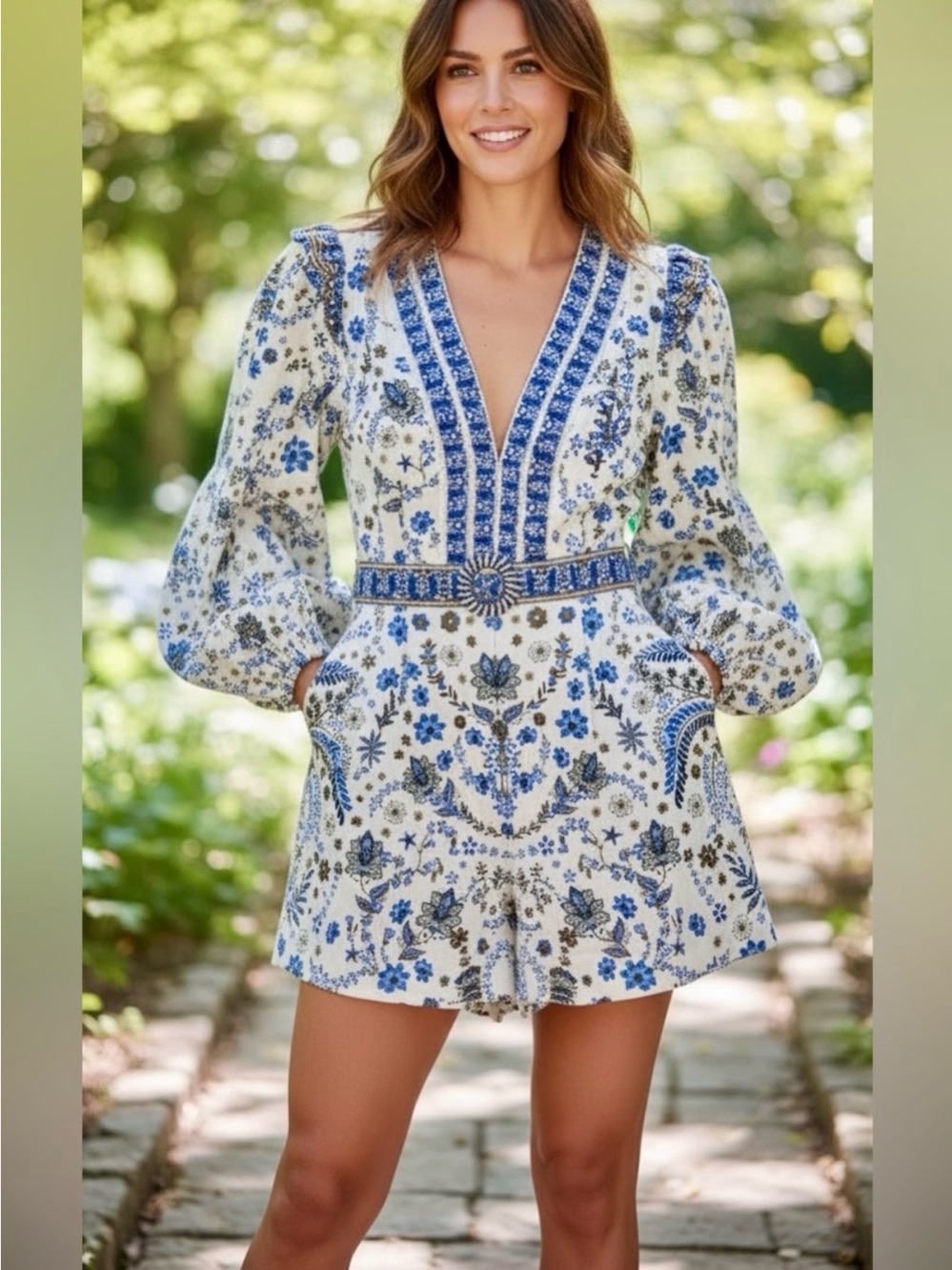 NWT Caroline Constas Romper XS Blue/White Floral Palm Linen Beaded Belt Chic